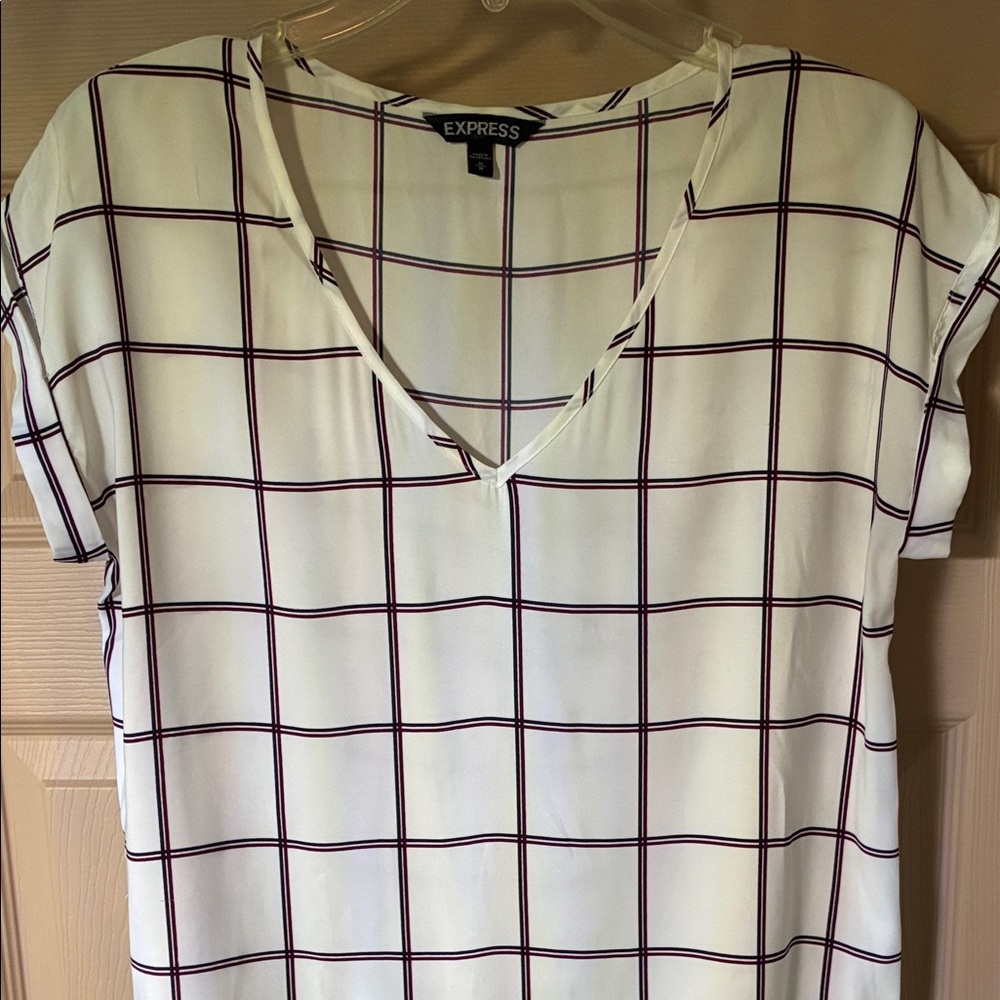 Express White V-Neck Windowpane Blouse with Navy and Burgundy Lines
